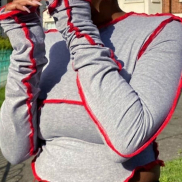 NWOT Gray top with red stitching - Picture 2 of 5